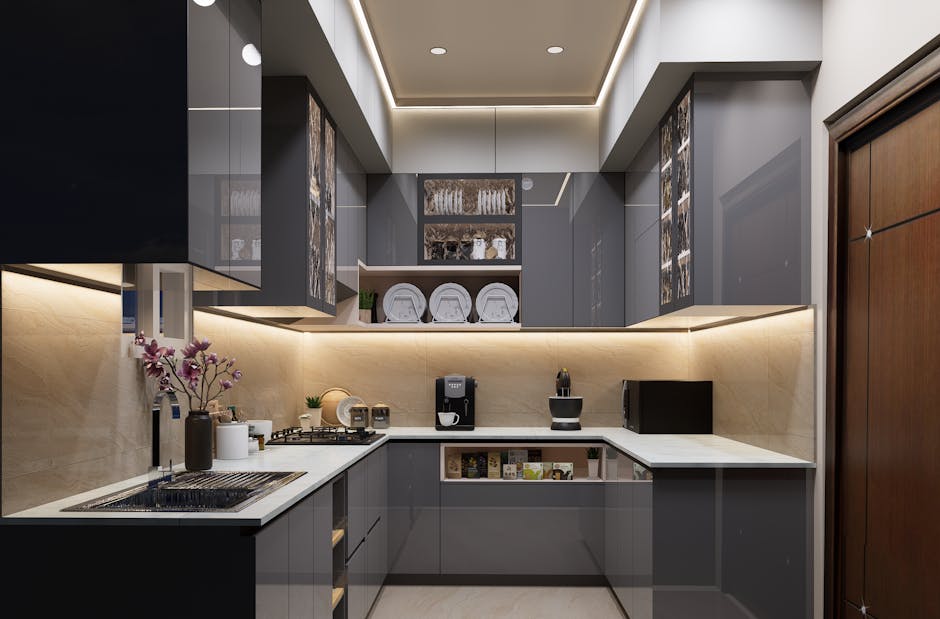 Kompakte, helle Küche mit Holzarbeitsplatte, Unterbauleuchten und aufgeräumter Arbeitszone in Beige