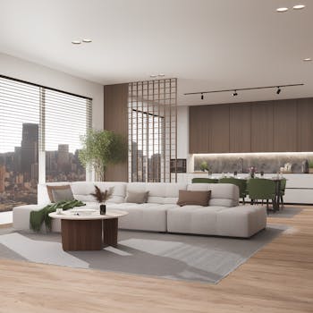 Stylish open-plan living room and kitchen in modern urban apartment with city view.