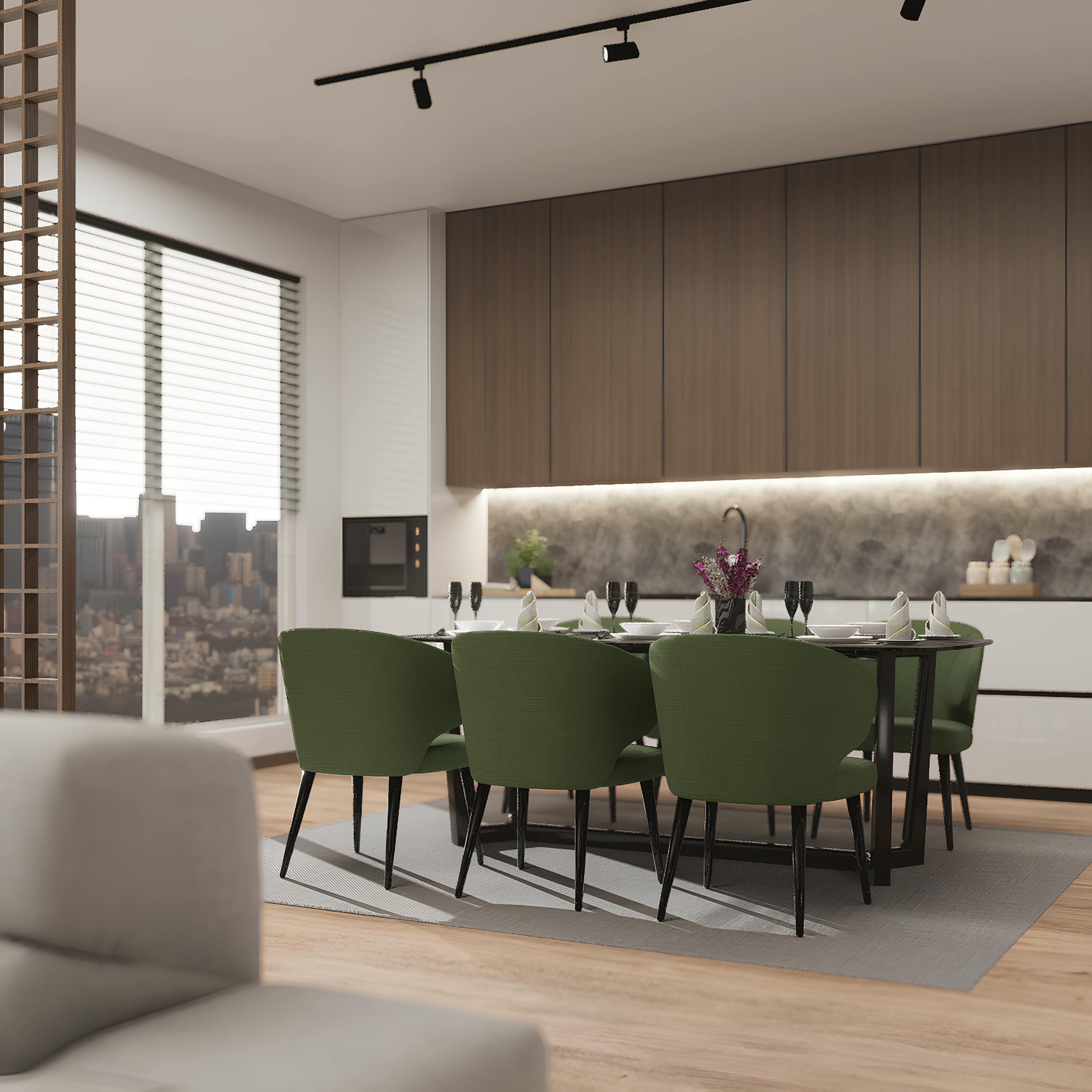 Stylish dining room with green chairs, wooden cabinets, and cityscape view.