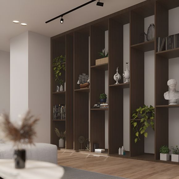 Floor-to-ceiling dark timber bookcases filled with books and plants in a bright living room — photo by The Ghazi on Pexels