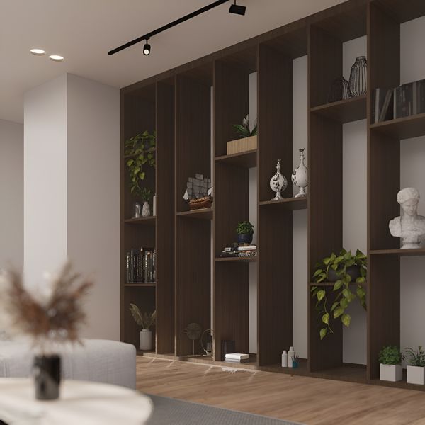 Living room wall of tall wooden shelves holding books and plants — photo by The Ghazi on Pexels