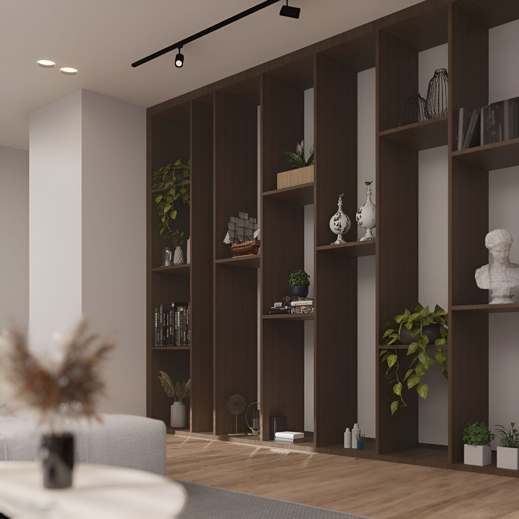 Modern Living Room with Elegant Wooden Shelves · Free Stock Photo