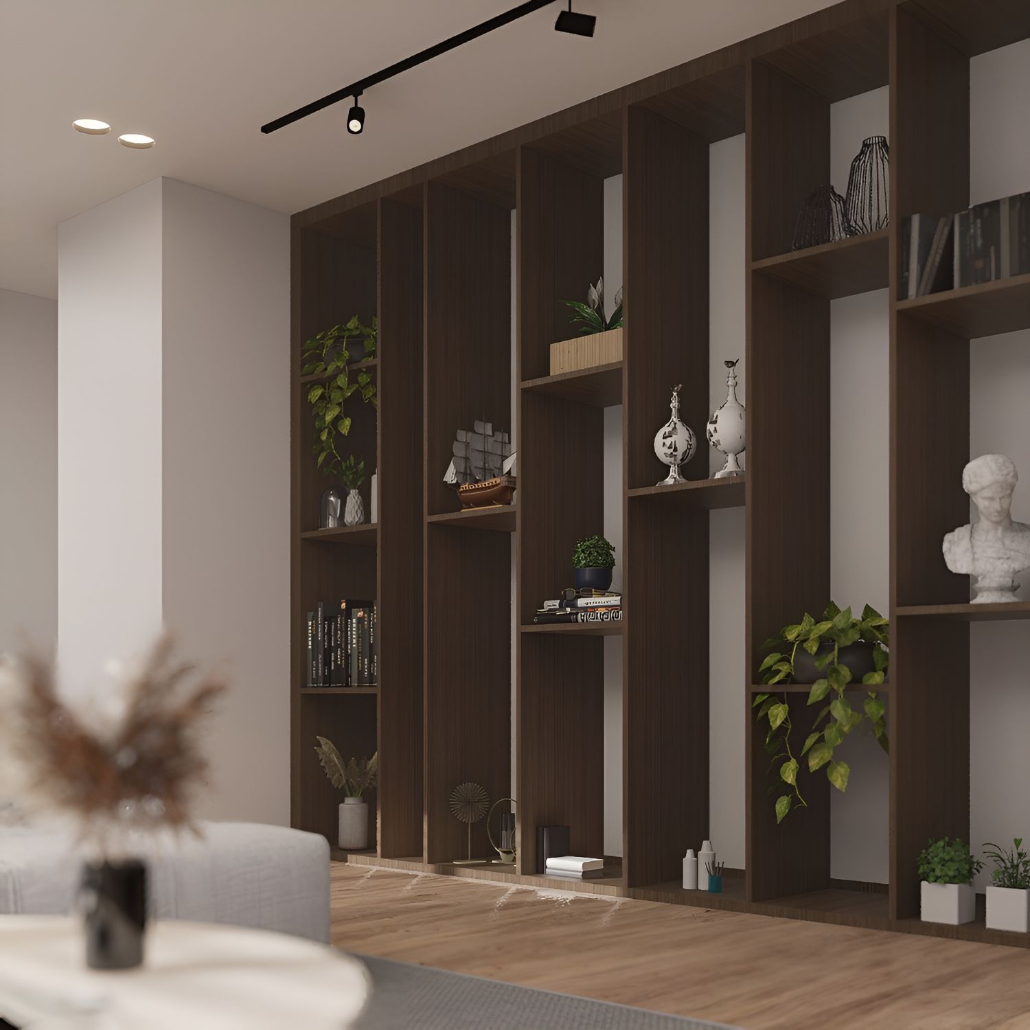 Modern Living Room with Elegant Wooden Shelves · Free Stock Photo