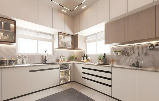 Bright modern kitchen with sleek minimalist design, marble countertops, and neutral colors.