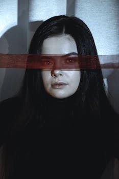 戏剧工作室场景中，一位眼睛系着红丝带的女人的肖像