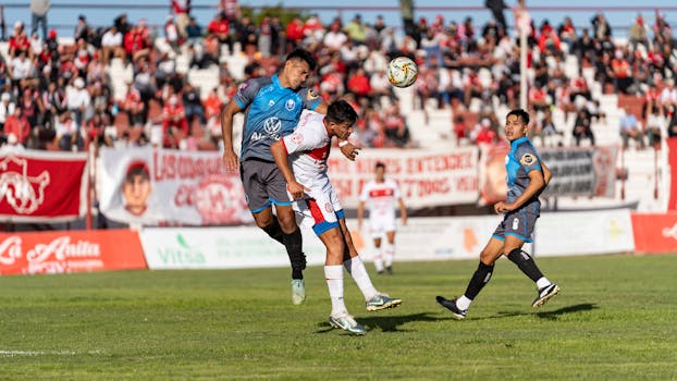 Soccer players compete in a thrilling header during a match with cheering crowd.