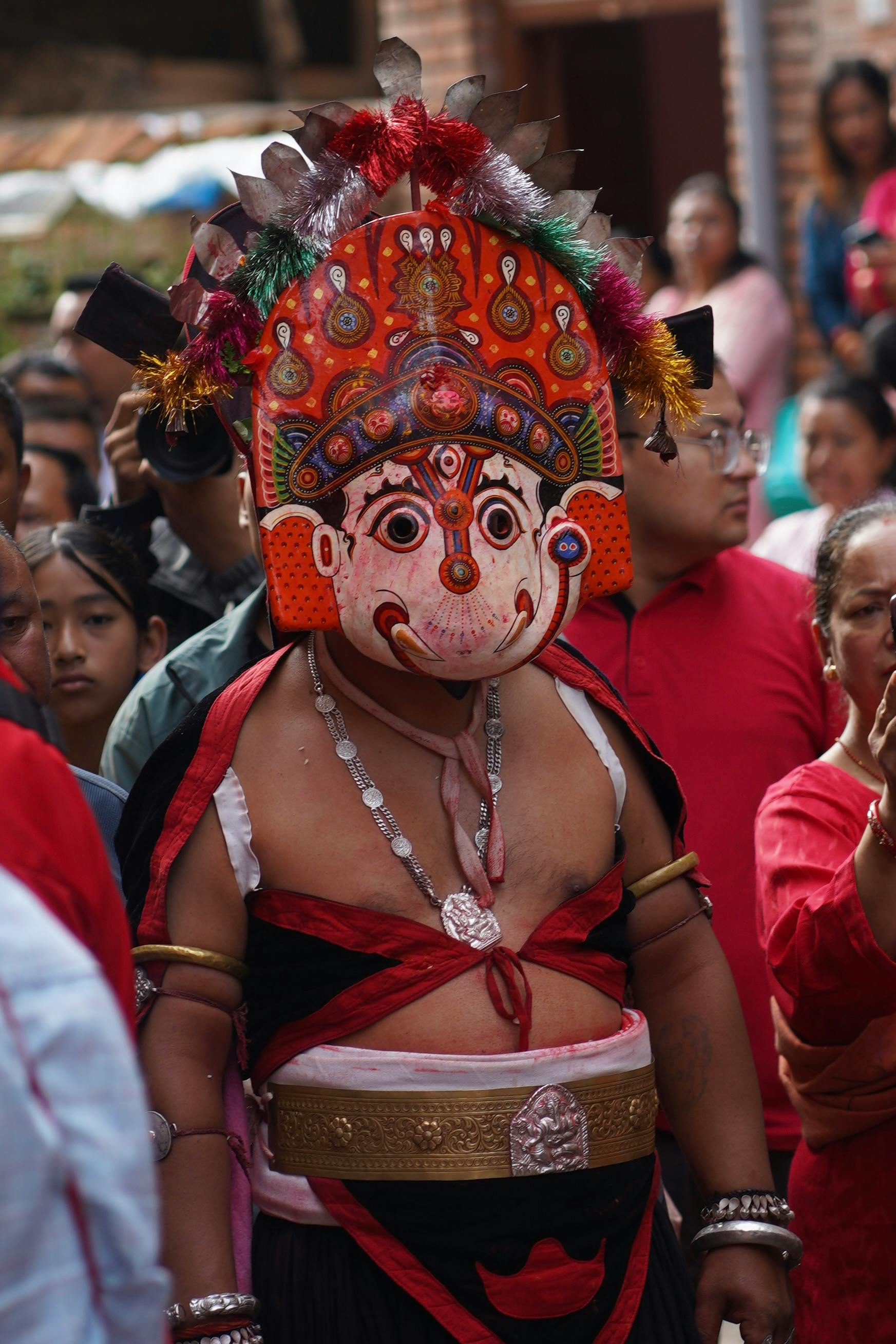 Colorful traditional dance at Nil Barahi Festival in Madhyapur Thimi, Nepal.