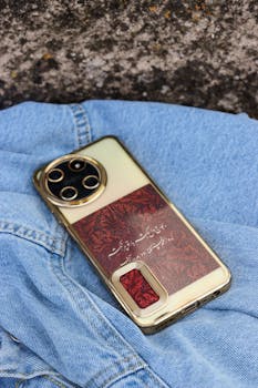 Close-up of a smartphone with artistic case on blue denim fabric, capturing a modern and creative vibe.