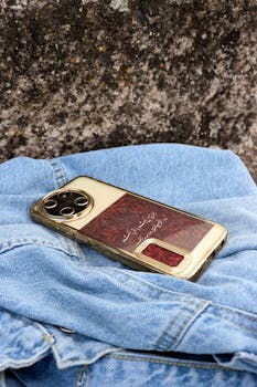 Smartphone with ornate case placed on blue denim jacket outdoors.