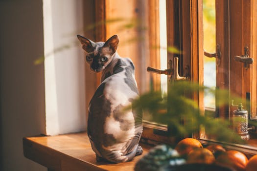 A Sphynx cat enjoying the sunlight while sitting by a wooden window indoors.