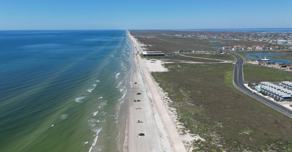 Stunning aerial photograph showcasing Corpus Christi's picturesque coastline and azure ocean.