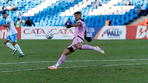 Goalkeeper in action during a football match, capturing a dynamic moment.