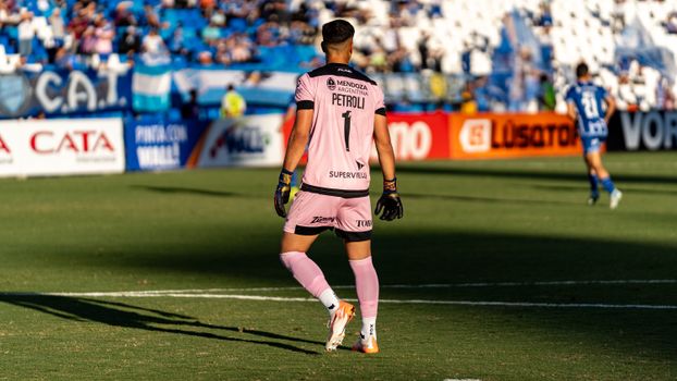 Goalkeeper in pink kit on soccer field during sunny match.