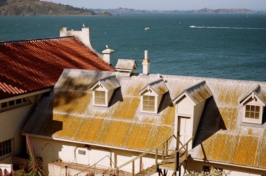Rustic rooftops with a scenic view of San Francisco Bay, capturing serene water and island landscapes.