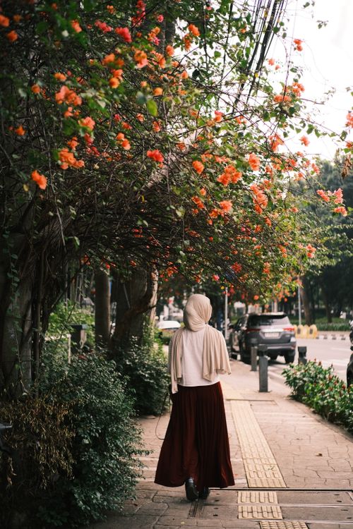 Free A woman walks under vibrant orange flowers on a city sidewalk in Jakarta, Indonesia. Stock Photo