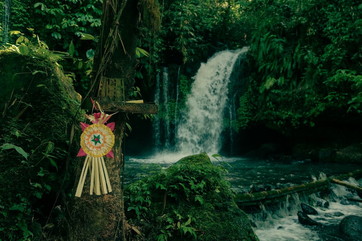 A canyon waterfall near Munduk with a Balinese offering tied to a tree at the trailhead.