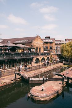 A lively view of Camden Lock Market over the canal, capturing its vibrant atmosphere.