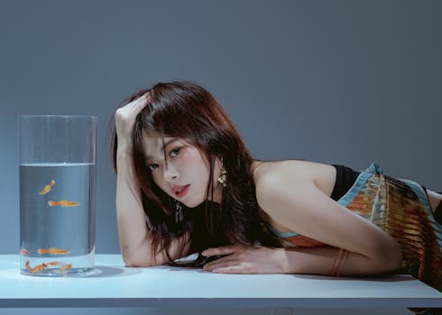 Artistic portrait of a young woman posing beside a glass vase with goldfish.