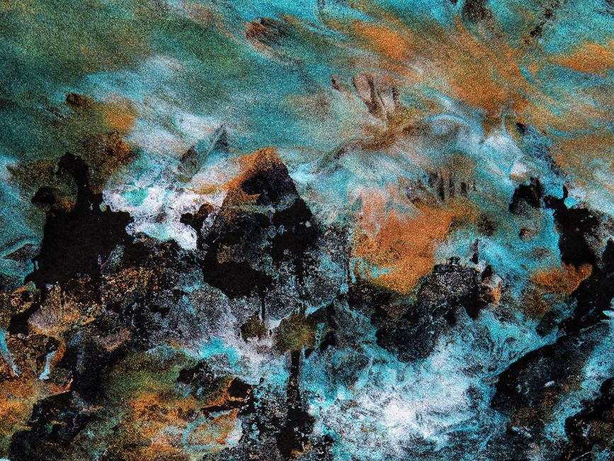 Dynamic abstract painting with vibrant blue and orange hues.