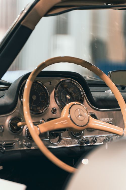 Free Close-up view of a vintage Mercedes-Benz dashboard, showcasing classic car design and luxury. Stock Photo