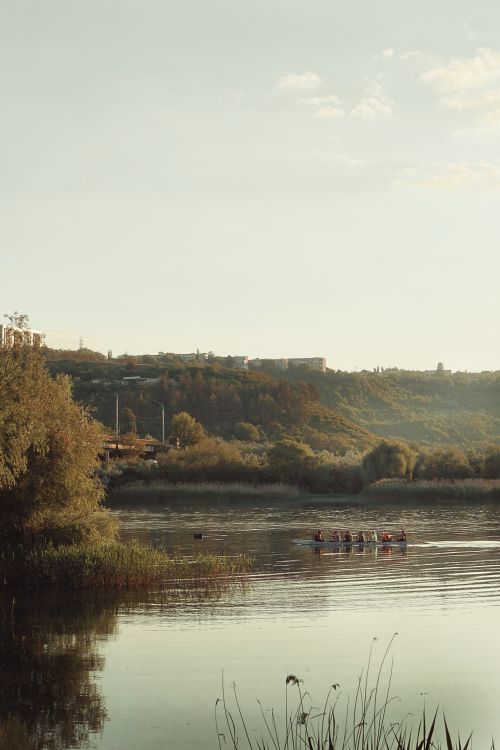 Free Peaceful lake scene with rowers during sunset, surrounded by lush greenery. Stock Photo