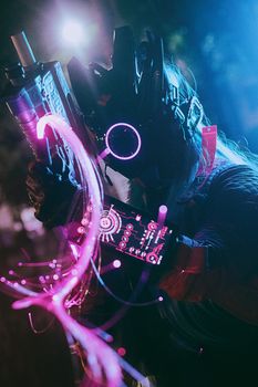 A cyberpunk warrior in futuristic armor glowing with holographic lights.