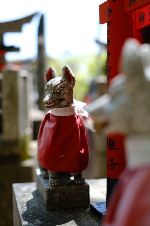 Free Traditional stone fox statues in bright sunlight at a Japanese shrine, Kyoto. Stock Photo