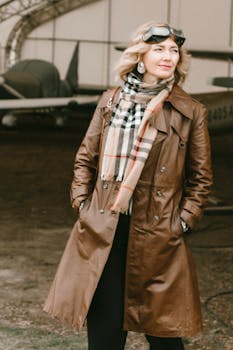 A fashionable woman in a leather coat and scarf stands by a vintage plane, exuding an adventurous aura.