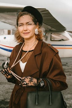 一位优雅的复古风格女子自信地站在小飞机旁