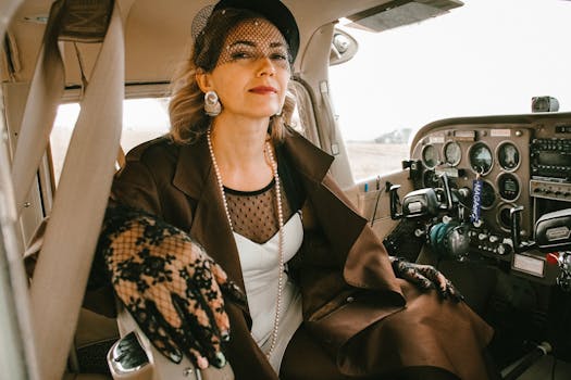 一位身着时尚服装的优雅女性，在飞机驾驶舱内自信地摆着姿势