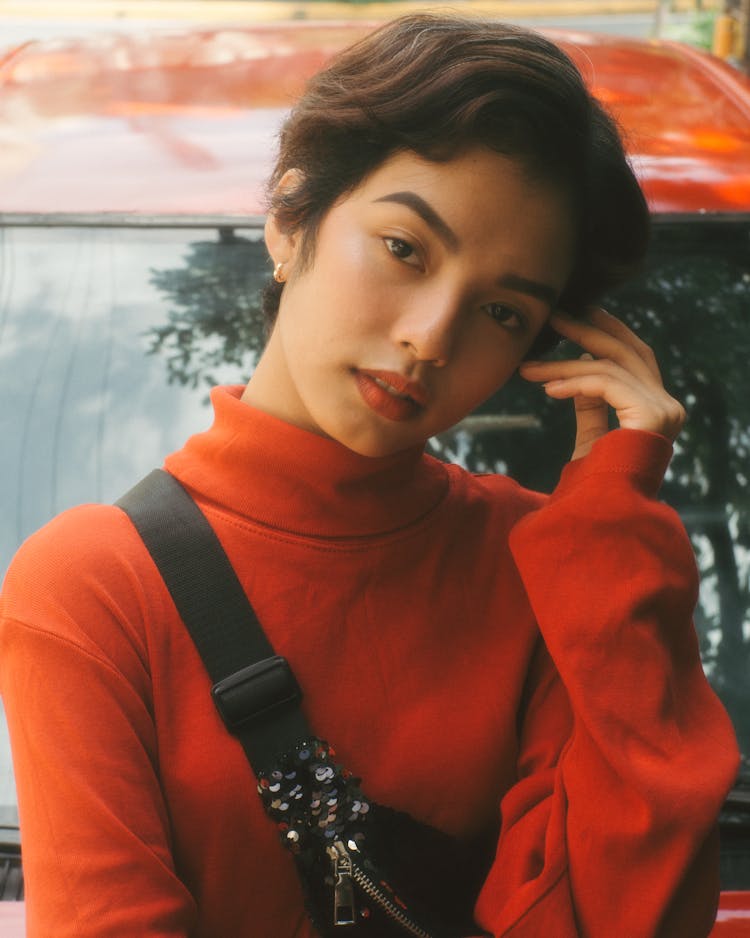 Woman Wearing Red Turtleneck Top