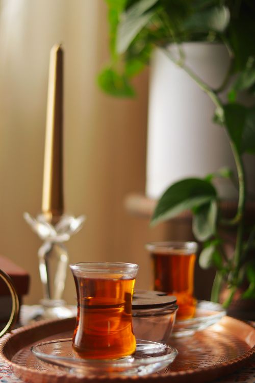 Free Elegant tea scene with a copper tray, two tea glasses, and a plant in soft lighting. Stock Photo
