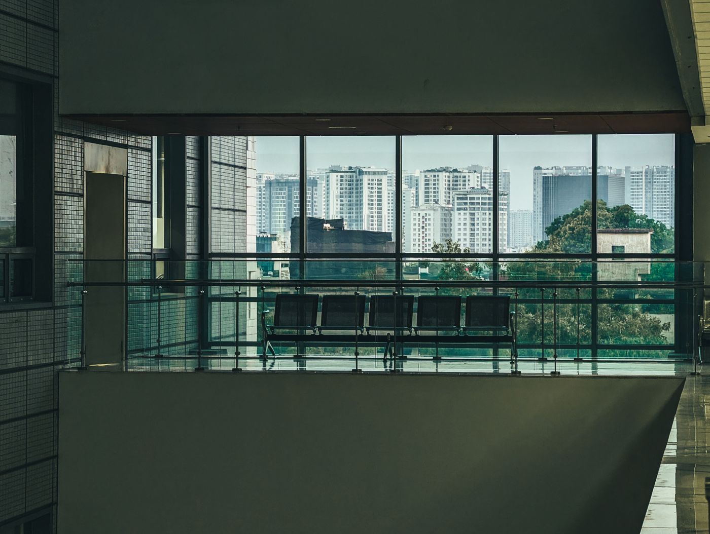Modern executive office with a city skyline view