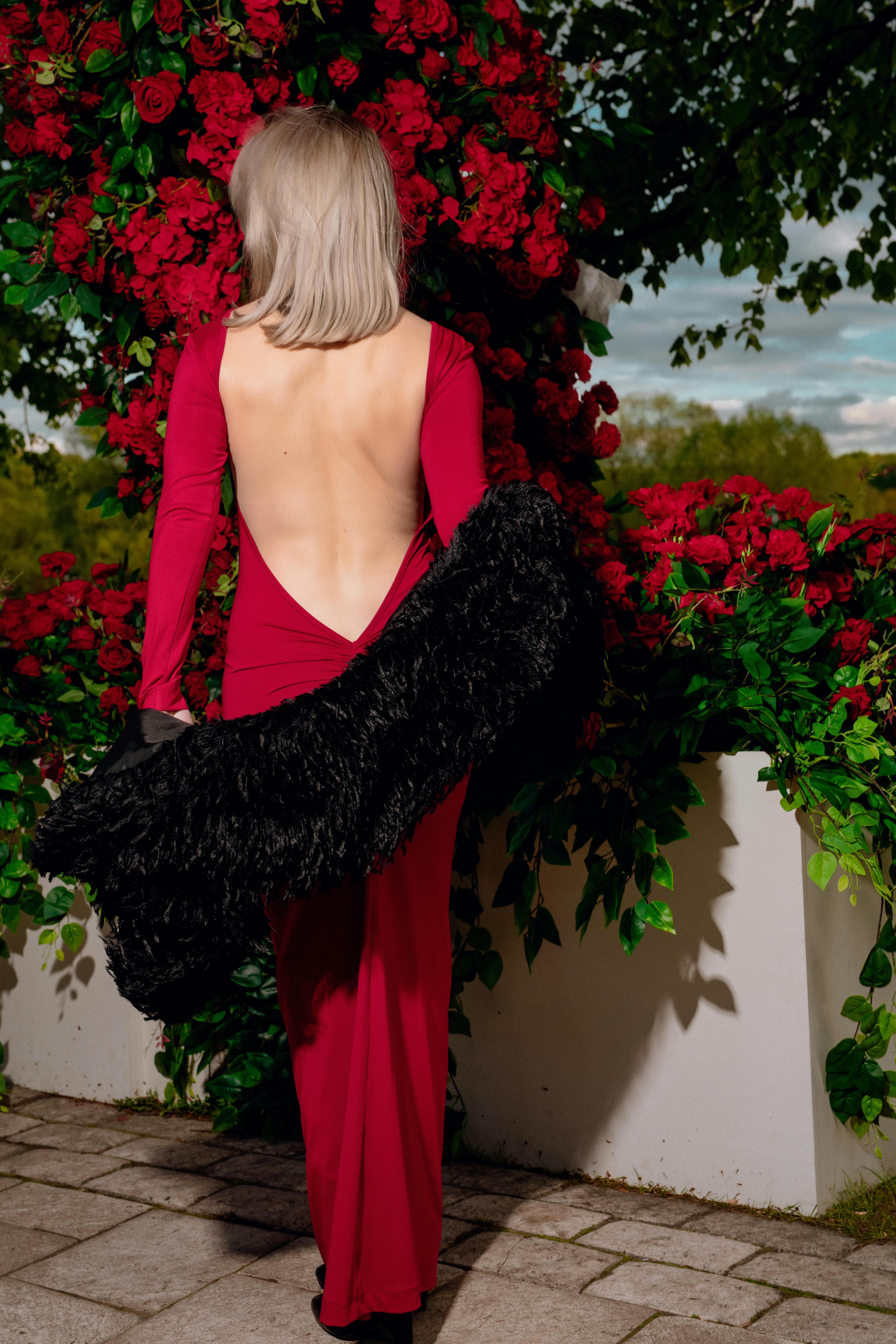 Gratis En kvinne i en ryggløs rød kjole står omgitt av livlige røde roser, som fremkaller eleganse og romantikk. Arkivbilde