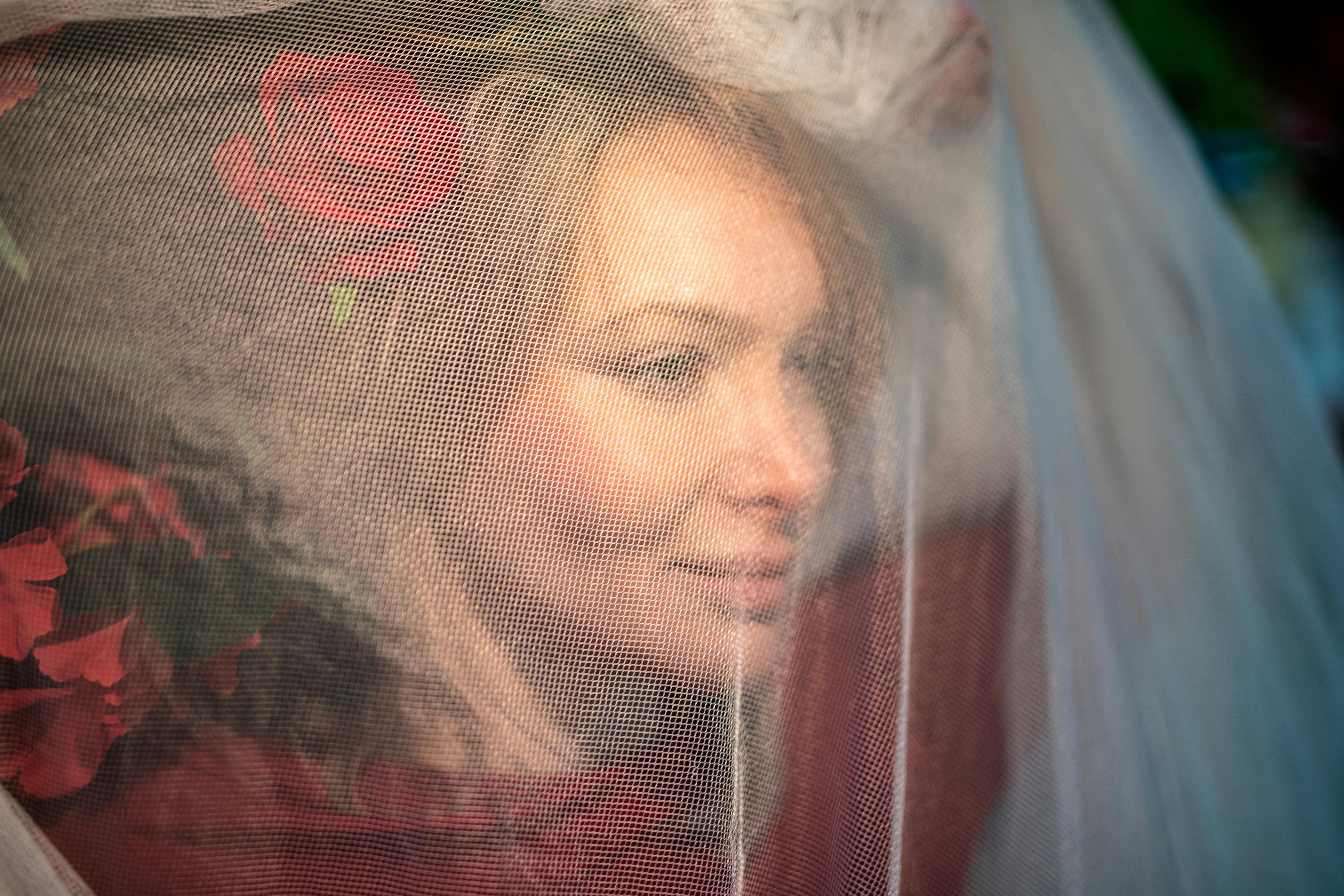 Gratis Un retrato creativo de una mujer detrás de un velo adornado con rosas rojas, que muestra elegancia y misterio. Foto de stock