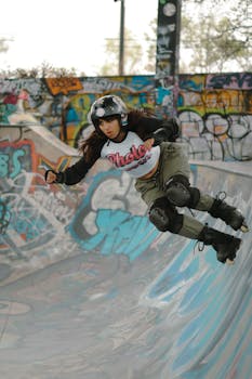 Energetic skateboarder mid-air in a colorful graffiti-laden skatepark, showcasing skill and agility.