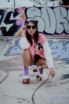Stylish woman in pink jacket with roller skates poses in graffiti-covered skatepark.
