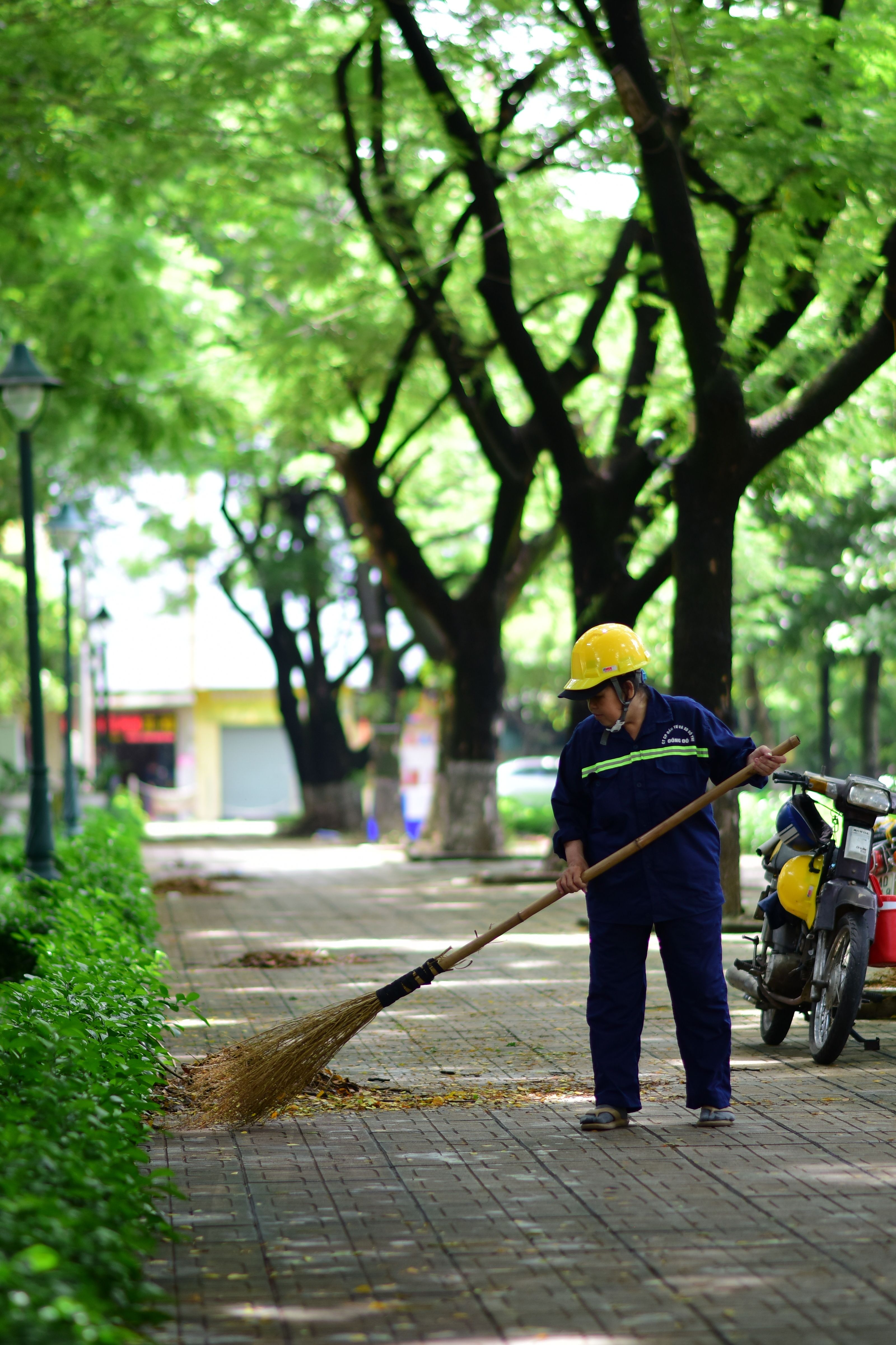 Urban Worker Sweeping Leaf-Littered Pathway · Free Stock Photo