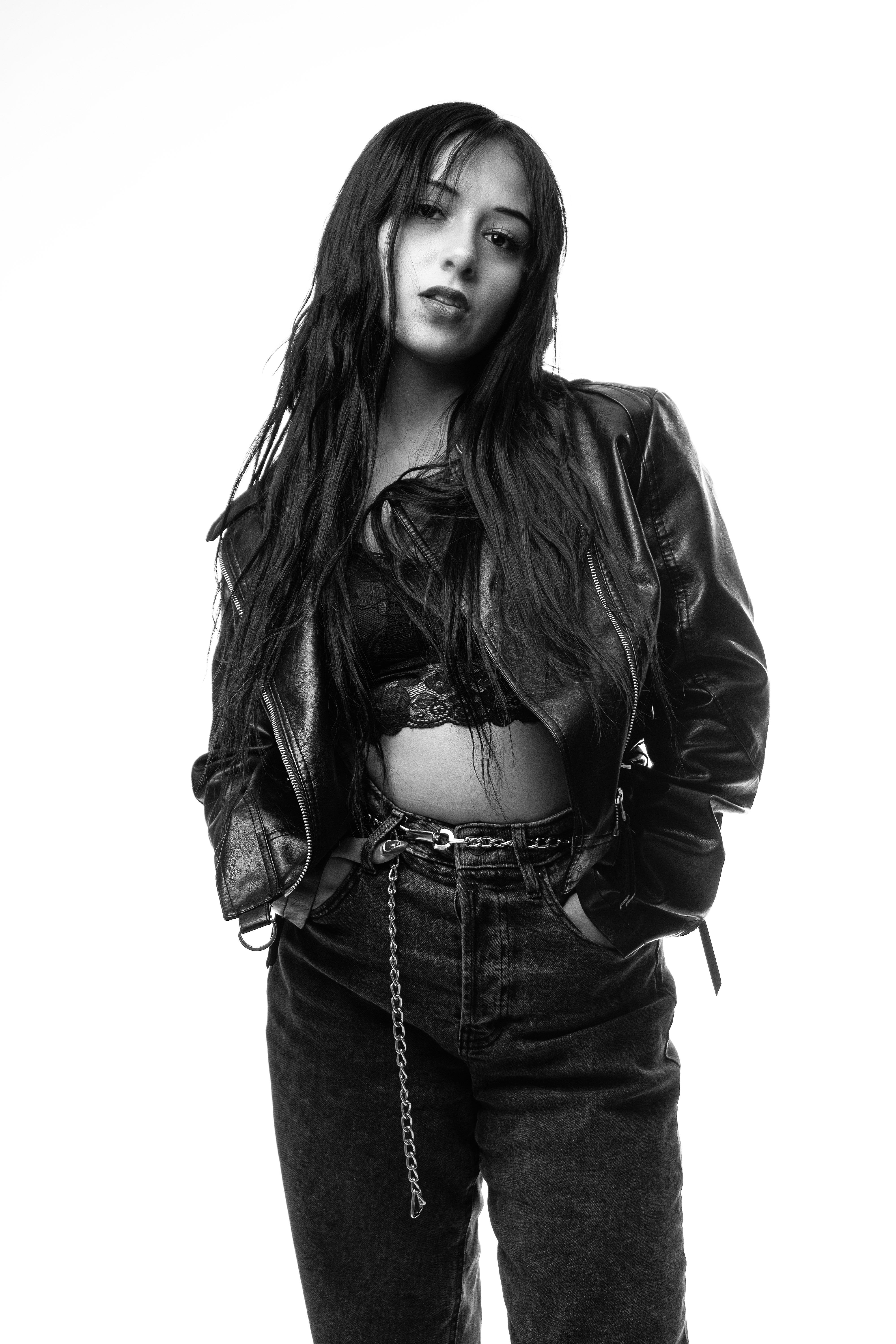 Fashion model teen in white denim jacket and black shorts · Free Stock ...