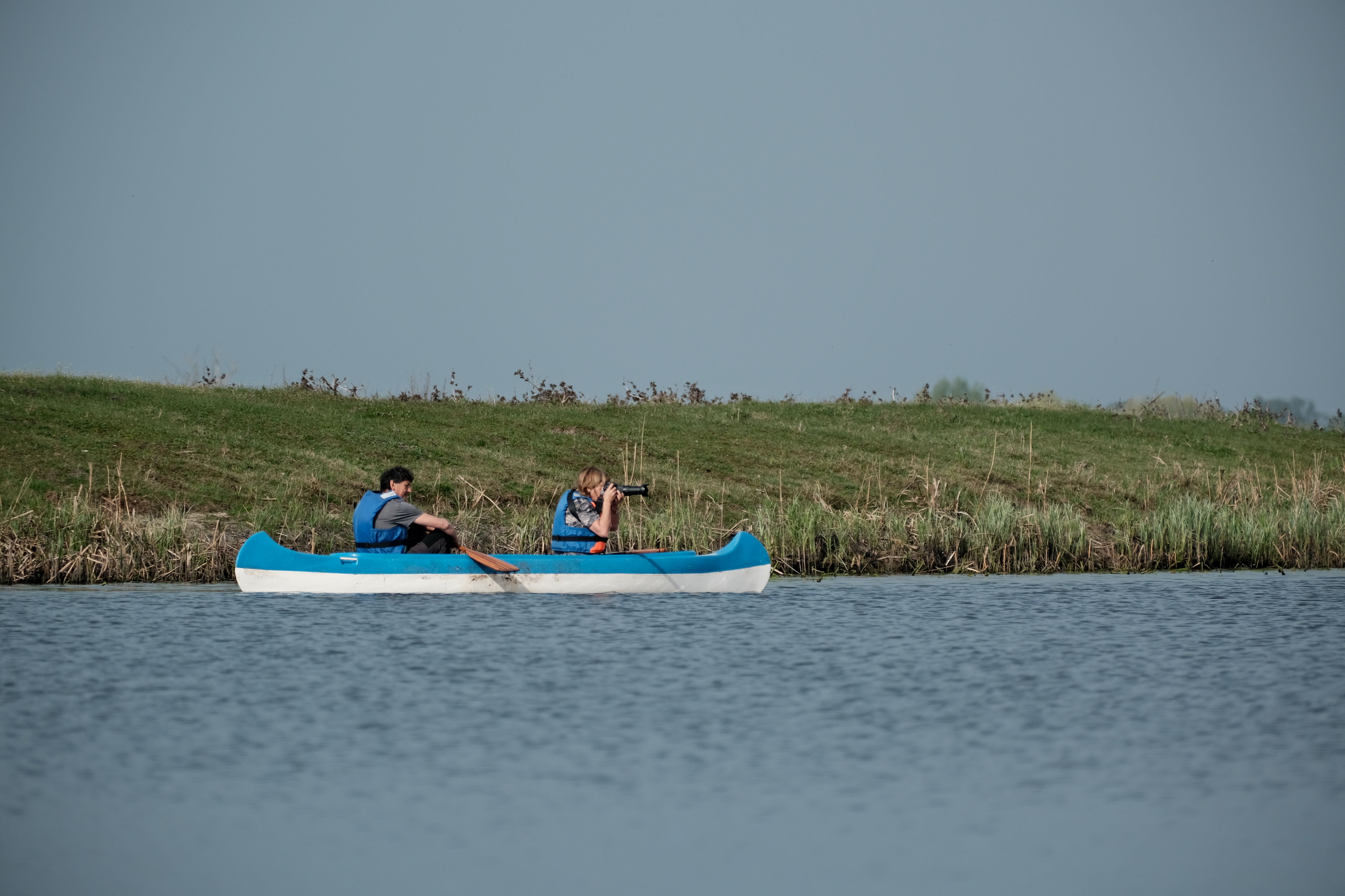 Two adults canoeing on a tranquil lake near grassy shore under a clear sky.