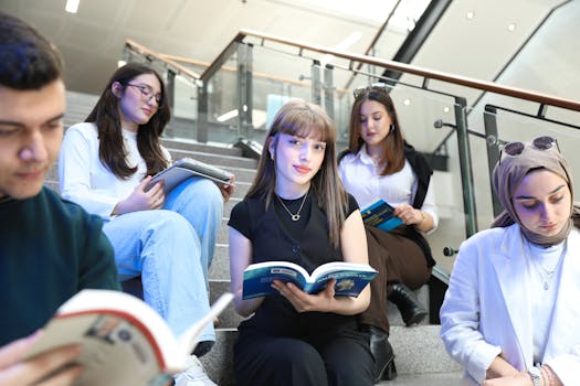Group of students studying on a university staircase. Diverse group focused on reading.