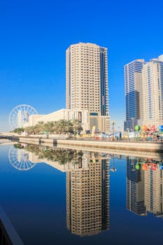 Stunning view of skyscrapers and Ferris wheel reflecting on calm waters under a clear blue sky.