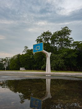Basketball hoop with reflection in water on outdoor court. Peaceful and serene setting.