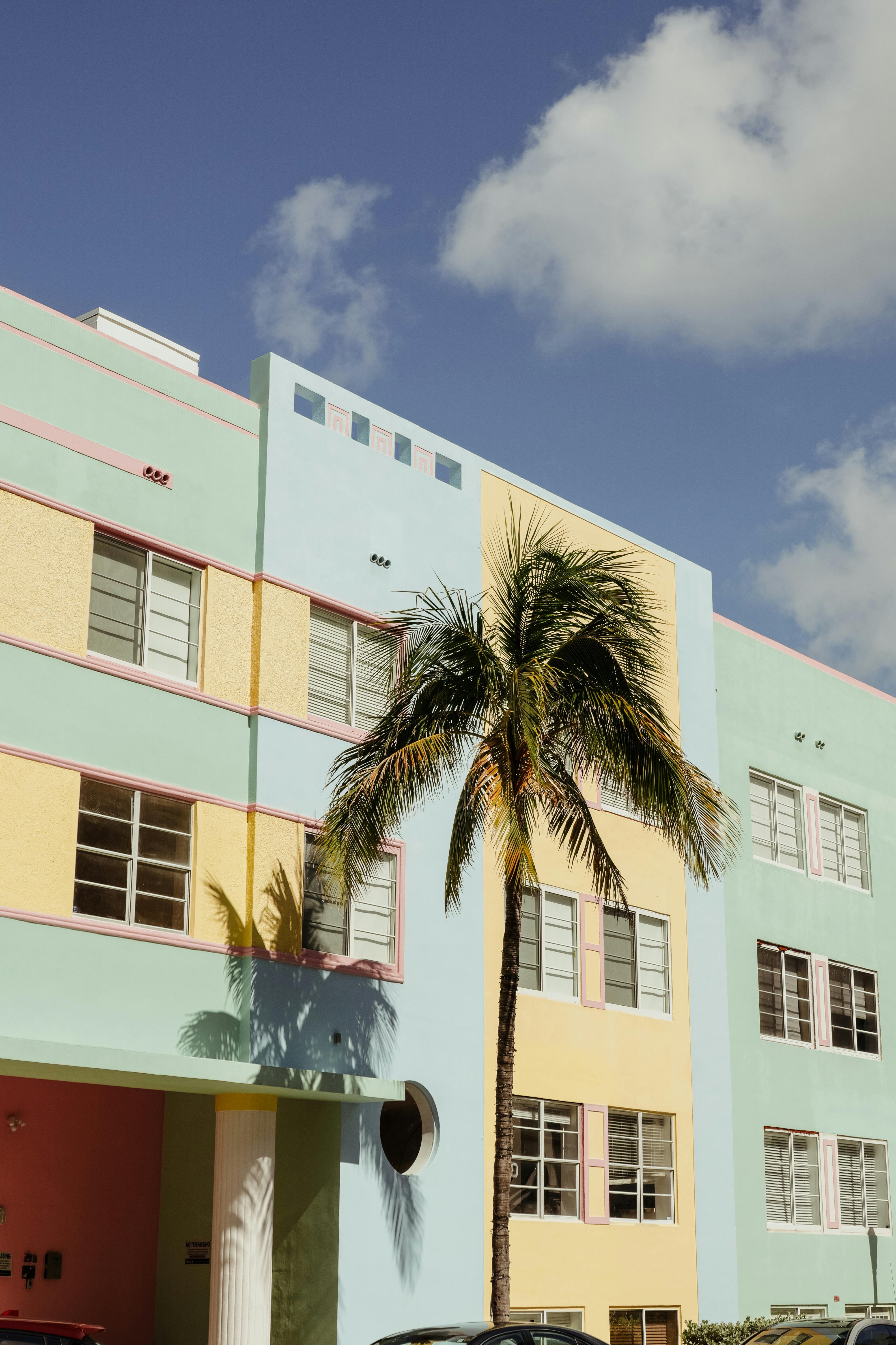 Colorful art deco architecture with palm tree in sunny Miami, Florida streetscape.