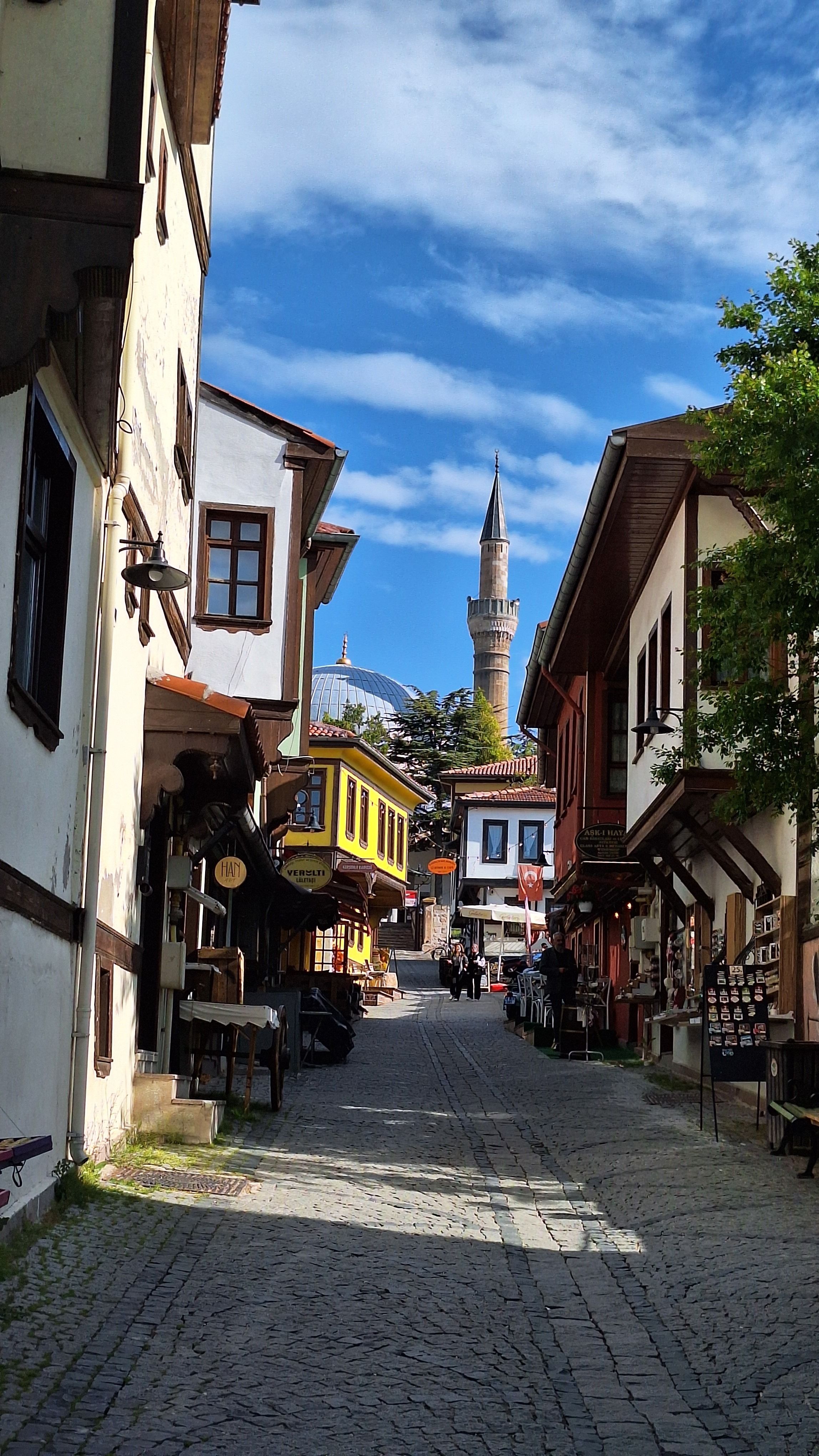 Explore a historic street with Ottoman style architecture and a distant mosque in vibrant daylight.