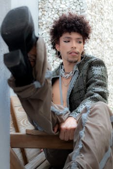 Stylish young adult with curly hair posing in urban setting, wearing unique fashion.