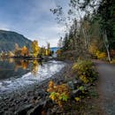 哈里森温泉的秋景宁静，水中倒映着它的身影