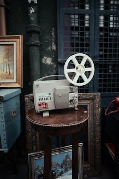 Classic scene with a vintage film projector surrounded by nostalgic decor in Istanbul.