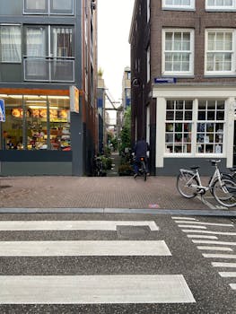 A cyclist rides through a serene Amsterdam street lined with charming buildings.