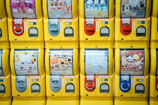 File di vivaci distributori automatici di gashapon pieni di giocattoli a Taiwan.